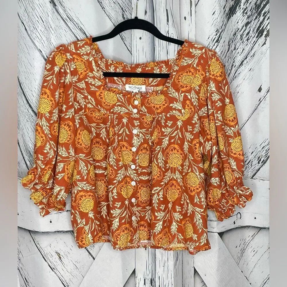 Rachel Zoe Orange Floral Peasant Top M